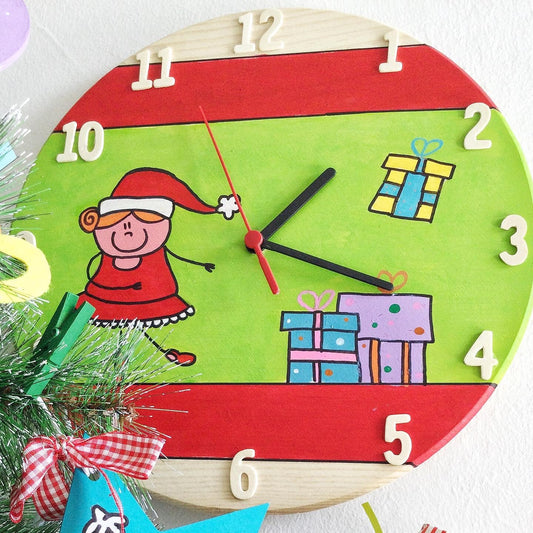 Orologio Natalizio in Legno Dipinto a Mano – Ballerina e Pacchi Regalo