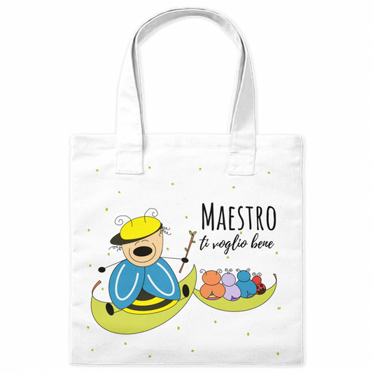 Borsa shopper con design di un buffo animaletto maestro e i suoi allievi, con la scritta "Maestro ti voglio bene", ideale come regalo di fine anno per insegnanti e educatori.