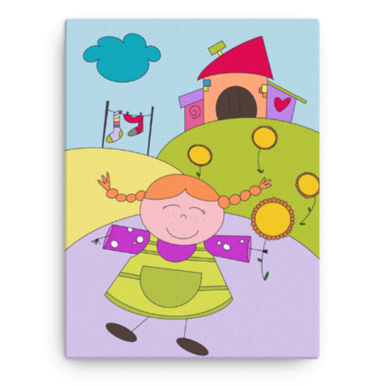 Stampa su tela di Pippi Calzelunghe e Villa Villacolle, illustrazione esclusiva per decorare cameretta bambini, dimensione 60x90 cm.
