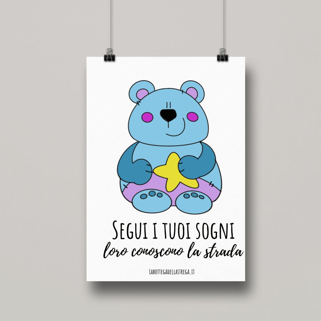 Poster Pisolo l'Orso che abbraccia una stellina, illustrazione motivazionale per bambini, complemento d'arredo per cameretta