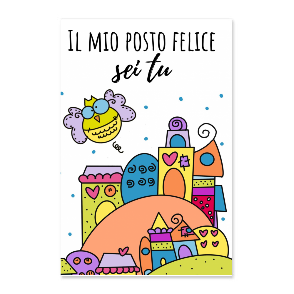 Poster colorato "Le Casette", illustrazione per bambini che celebra l'amicizia, complemento d'arredo per la cameretta