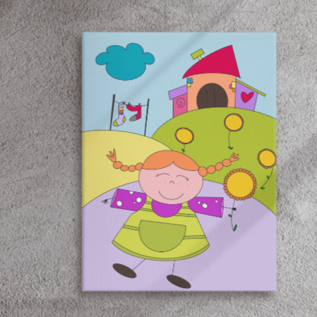 Stampa su canvas di Pippi Calzelunghe e Villa Villacolle, formato 60x90 cm, perfetta per decorare la casa o la cameretta dei bambini.