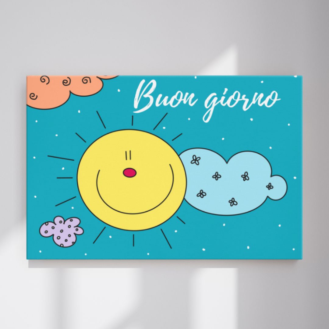  Quadro sole sorridente con nuvole e scritta Buon Giorno per cameretta bambini, su tela canvas 45x30 cm.