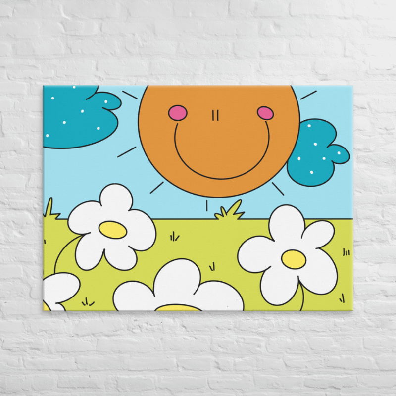 Quadro su tela per cameretta bambini con sole sorridente su campo di margherite, toni verde, azzurro e arancio, dimensioni 60x40 cm.