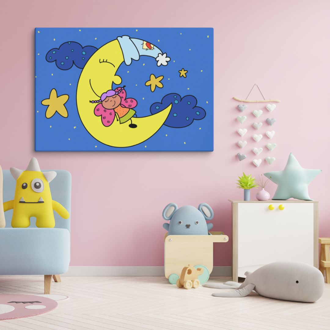 Stampa su tela luna e fatina addormentata in blu per la cameretta bambini – Articolo di arredamento infantile"