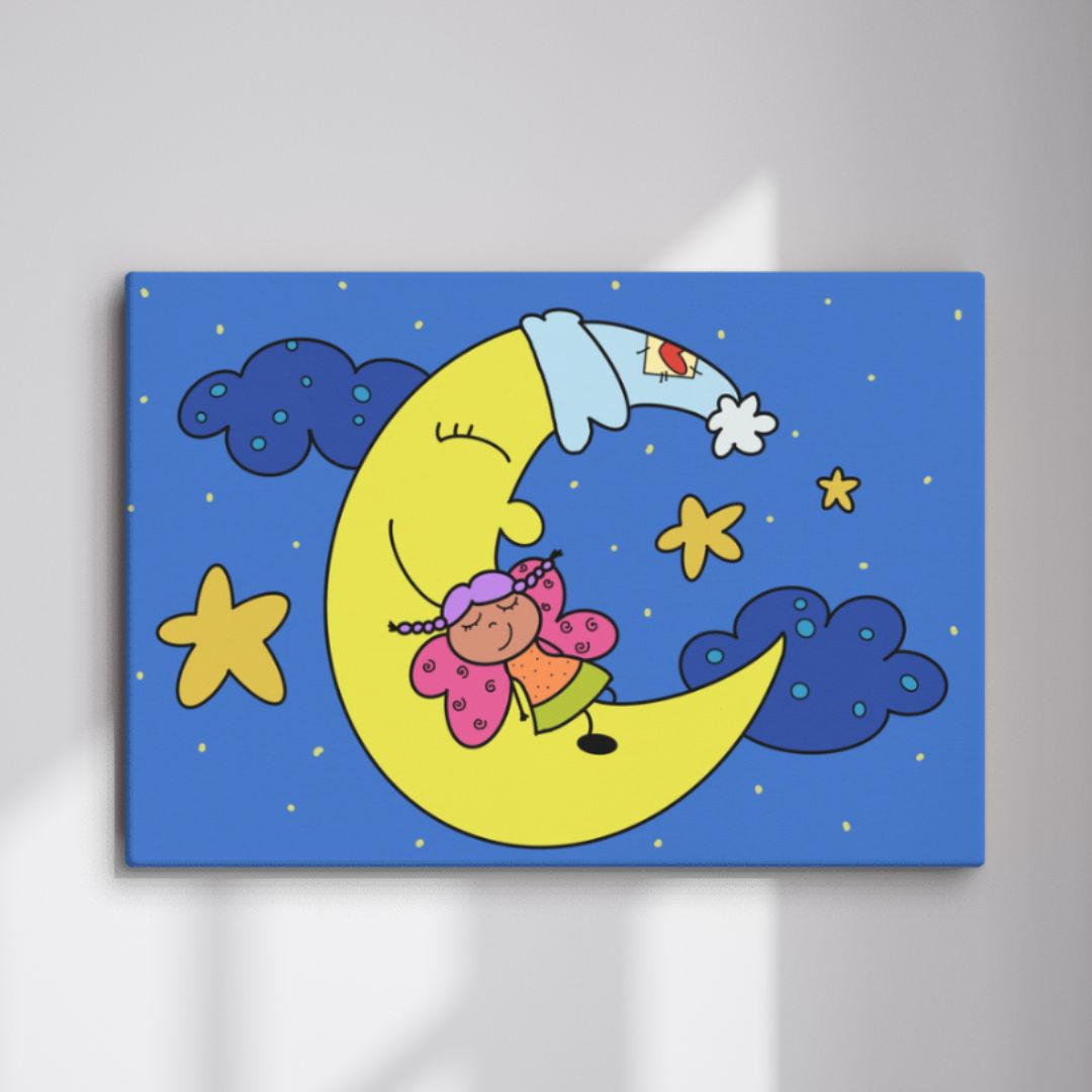 Stampa su tela luna e fatina addormentata in blu per la cameretta bambini – Articolo di arredamento infantile"