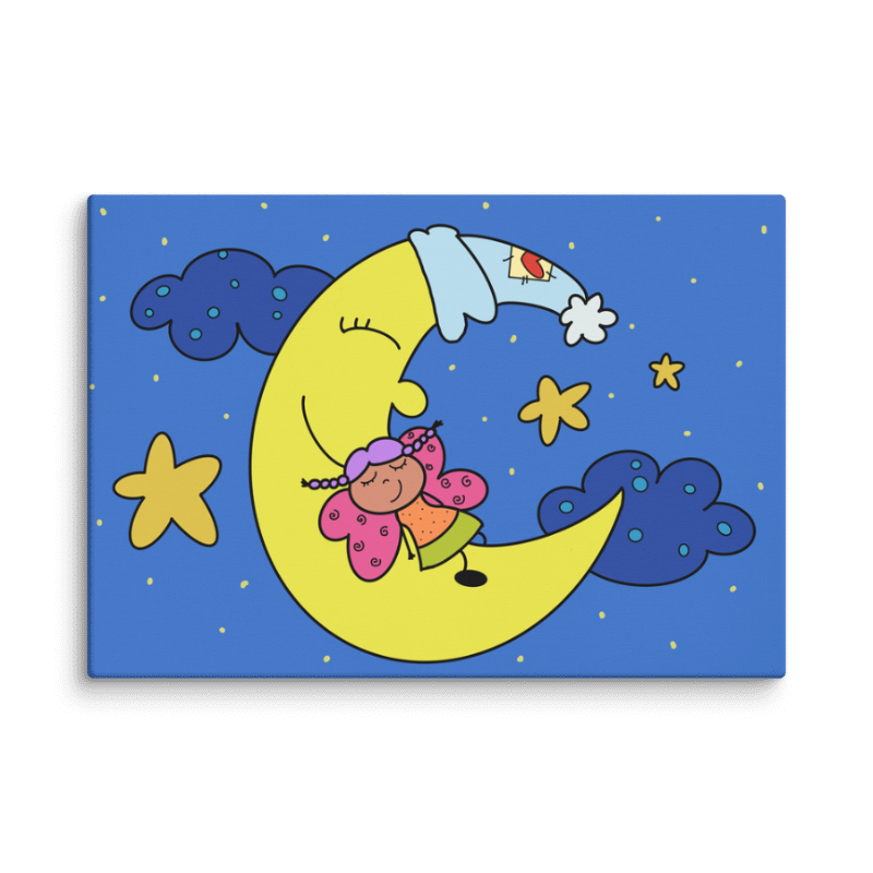 Stampa su tela luna e fatina addormentata in blu per la cameretta bambini – Articolo di arredamento infantile"