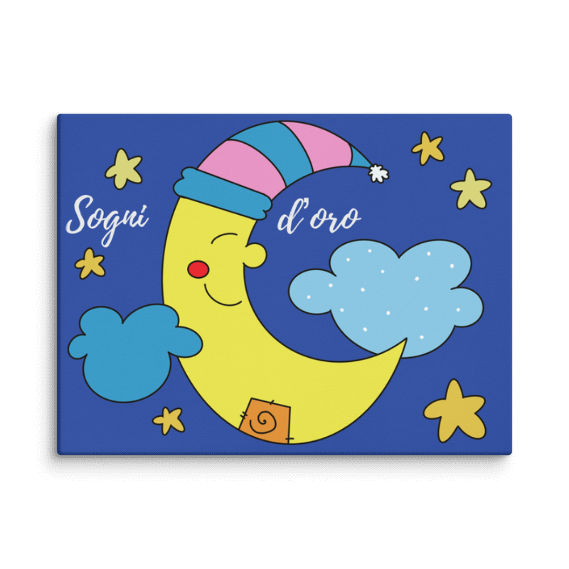 Stampa su tela con luna gialla e scritta "Sogni d'Oro" su sfondo blu per cameretta bambini, regalo nascita