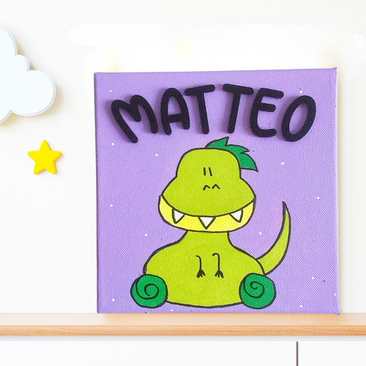 Quadro con il nome dipinto a mano - Quadrotto Dino a rotelle