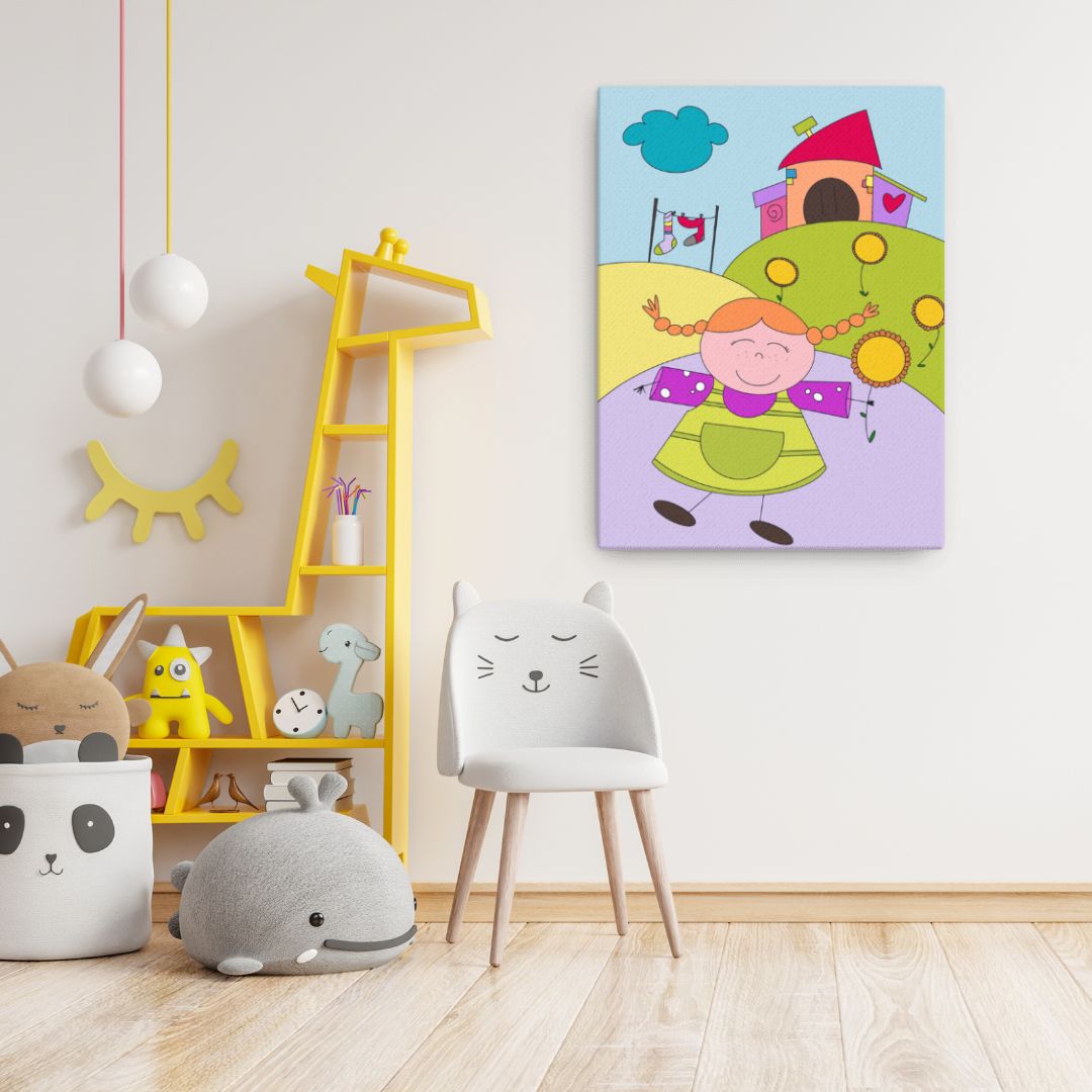 Regalo originale per bambini, stampa su tela di Pippi Calzelunghe e la sua villa Villacolle, decorazione unica per la cameretta.