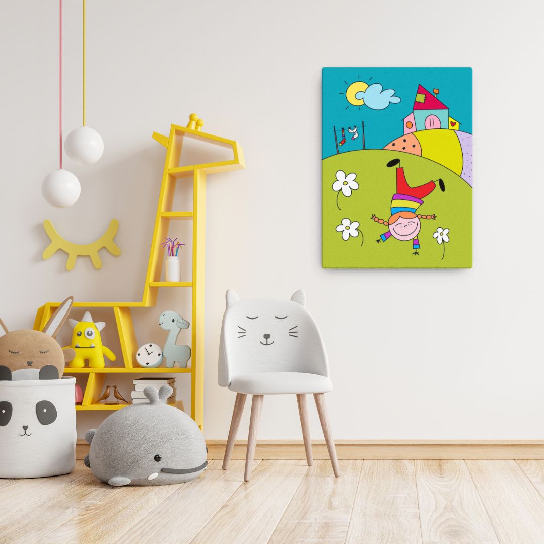 Stampa su canvas con telaio in legno massello, raffigurante Pippi Calzelunghe. Un'opera resistente e duratura, perfetta per ogni ambiente della casa.
