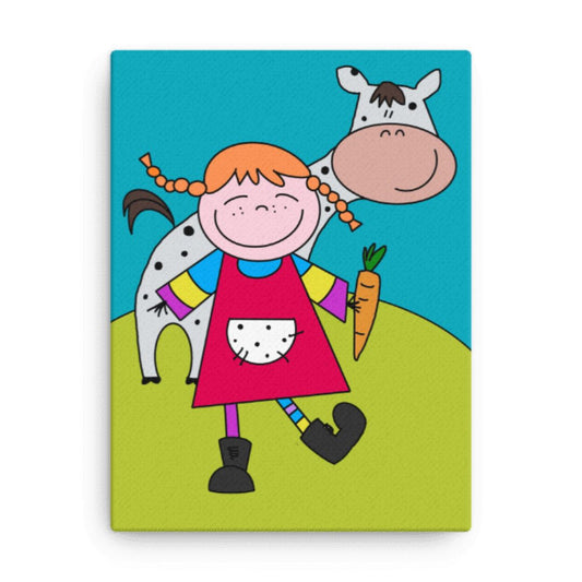 Stampa su tela di Pippi Calzelunghe con illustrazione esclusiva su canvas di alta qualità. Un quadro allegro e colorato che porta positività in ogni ambiente