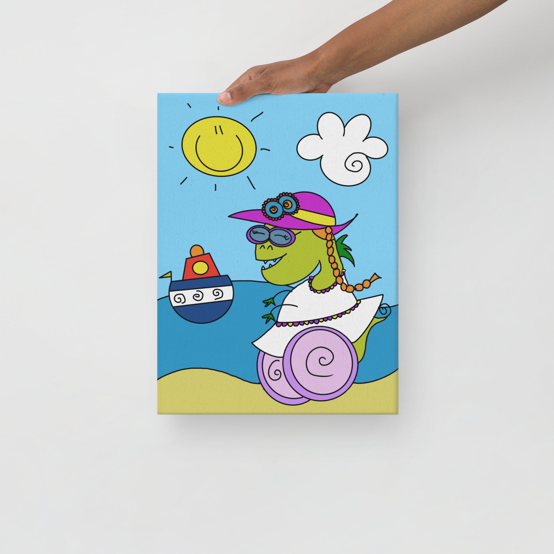 Quadro su tela con illustrazione di Dina, il dinosauro con disabilità che esplora il mondo con le sue ruote. Decorazione educativa per la cameretta dei bambini.