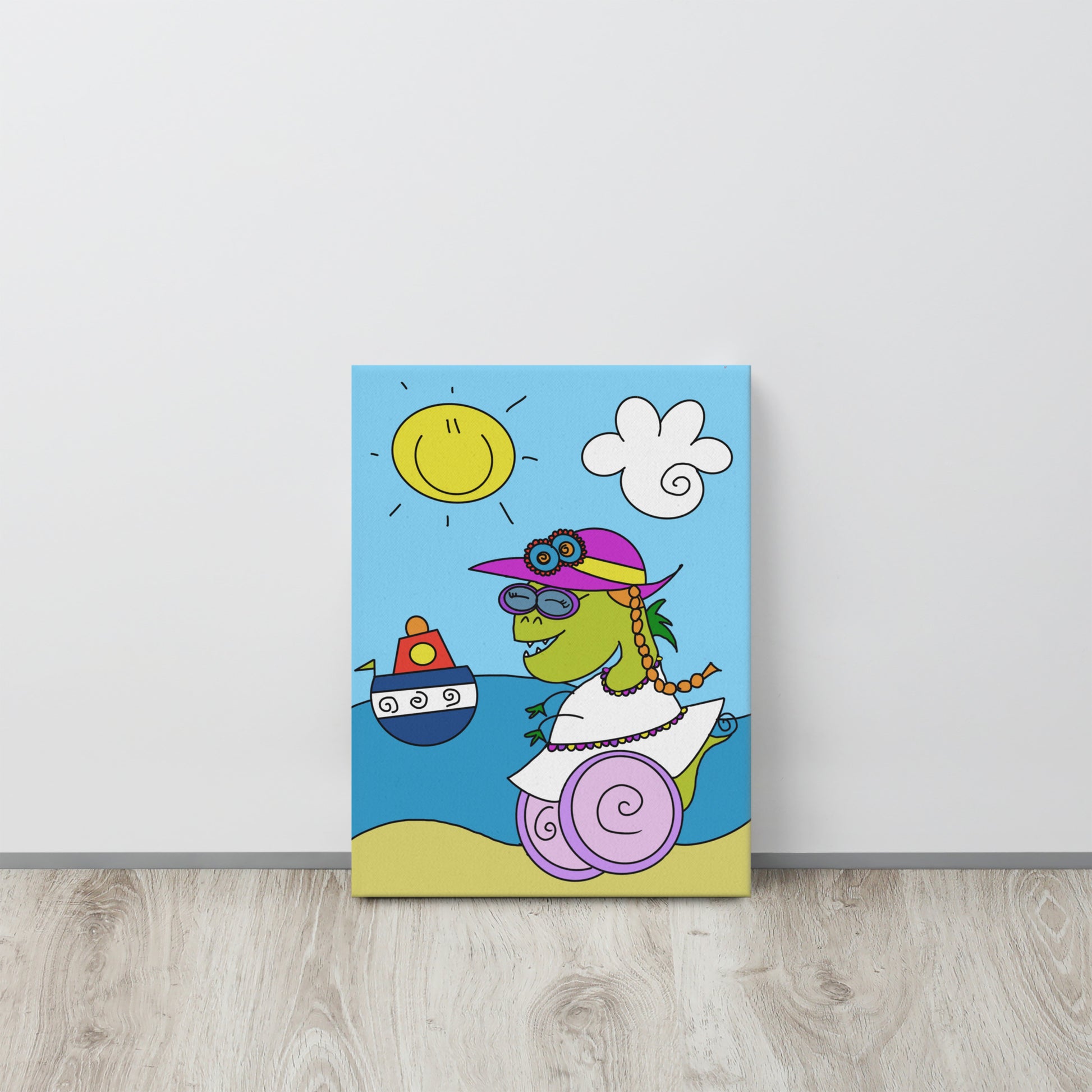 Quadro su tela con illustrazione di Dina, il dinosauro con disabilità che esplora il mondo con le sue ruote. Decorazione educativa per la cameretta dei bambini.