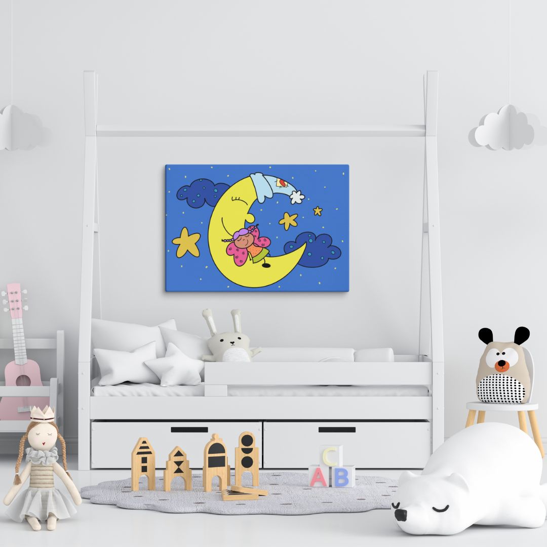 Stampa su tela luna e fatina addormentata in blu per la cameretta bambini – Articolo di arredamento infantile"