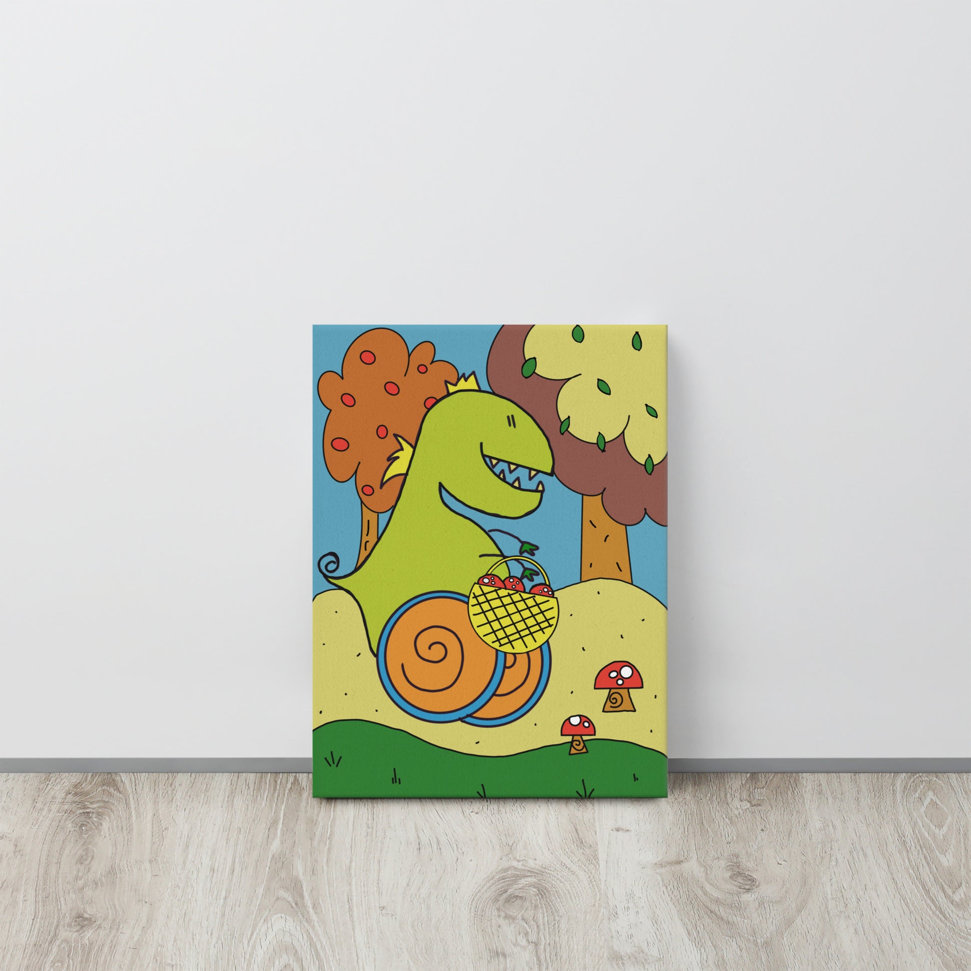  Quadro su tela con illustrazione di Dino, il dinosauro con disabilità che esplora il mondo con le ruote. Decorazione educativa per la cameretta dei bambini.