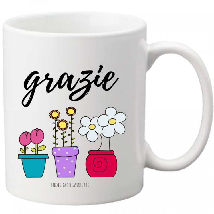 Tazza in ceramica con scritta "Grazie" e illustrazione colorata di vasi di fiori – vista frontale