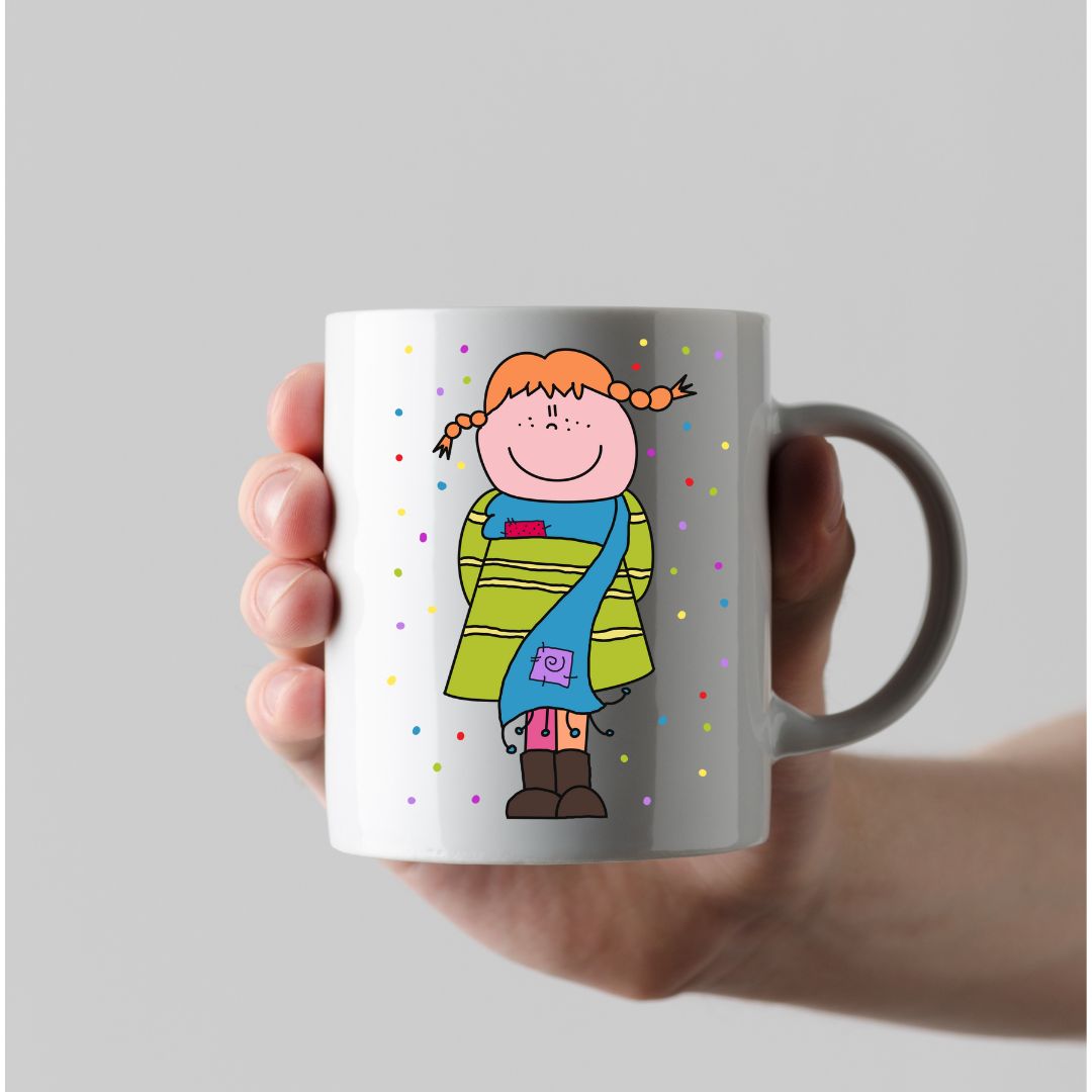 Tazza in ceramica bianca "Pippi Calzelunghe" con illustrazione colorata, edizione limitata, adatta per microonde e lavastoviglie.
