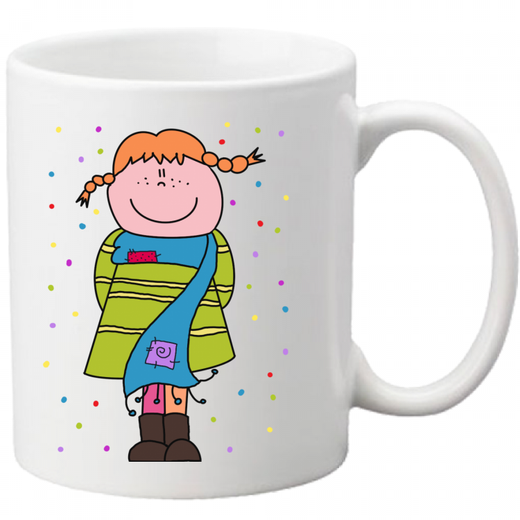 Tazza in ceramica bianca "Pippi Calzelunghe" con illustrazione colorata, edizione limitata, adatta per microonde e lavastoviglie.