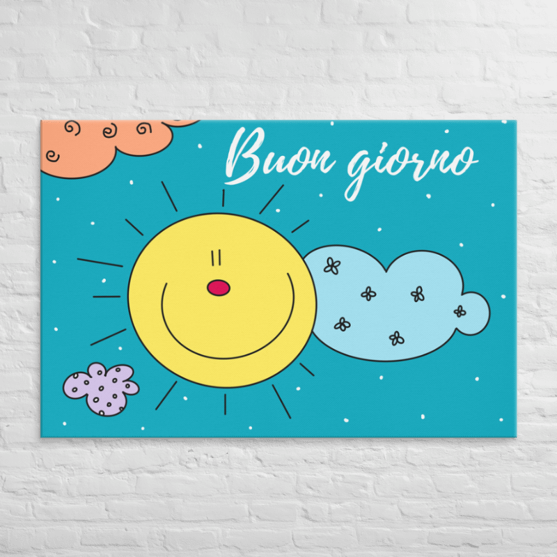 Quadro Sole Buon giorno per cameretta – stampa su tela 45x30 cm con sorriso e nuvole, regalo nascita per Bambini,